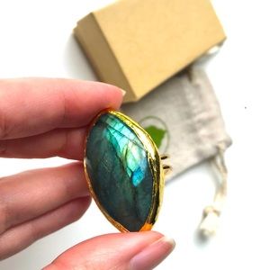 Large Labradorite dream gem stone Crystal statement Ring, 24K gold Size 8